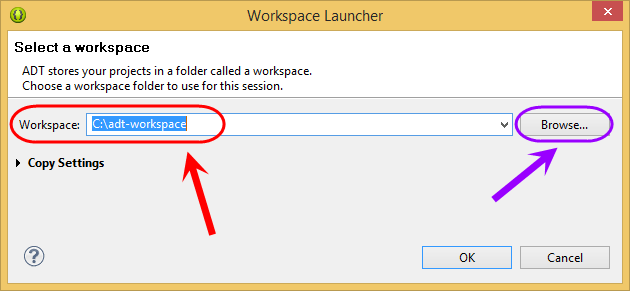 تغییر مسیر Workspace (محلی هم برای نگه داری فایل های پروژه ها و هم متناظر با پروژه های import شده)(یا در واقع، داشتن چندین Workspace به صورت همزمان که با انتخاب هر Workspace ، پروژه های متفاوتی در بخش Package Explorer نمایش داده شود)، در برنامه Eclipse (یا همان ADT Bundle)