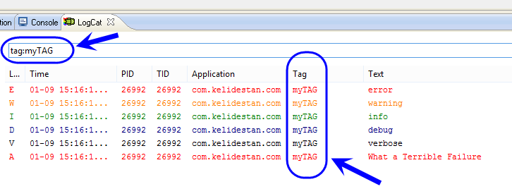 نوشتن پیام هایی برای نمایش در قسمت LogCat در برنامه Eclipse ، هنگام شبیه سازی برنامه اندروید توسط یک دستگاه مجازی (virtual device) یا هنگام اجرا و خطایابی برنامه اندروید بر روی یک گوشی اندروید واقعی، در برنامه نویسی اندروید