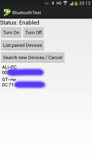پروژه اندروید : روشن کردن بلوتوث (Bluetooth) - خاموش کردن بلوتوث (Bluetooth) - نمایش فهرست وسایل (device) متصل شده (paired) از نطر بلوتوث (Bluetooth) - جستجوی وسایل با بلوتوث روشن حاضر در اطراف گوشی