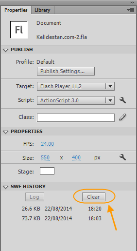 متوجه شدن اندازه فایل swf حاصل از پروژه flash ، در بخش Properties و ذکر نکاتی در مورد بهینه کردن اندازه عکس های به کار رفته در پروژه flash ، در نرم افزار Adobe Flash Professional