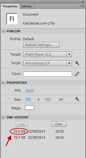 متوجه شدن اندازه فایل swf حاصل از پروژه flash ، در بخش Properties و ذکر نکاتی در مورد بهینه کردن اندازه عکس های به کار رفته در پروژه flash ، در نرم افزار Adobe Flash Professional