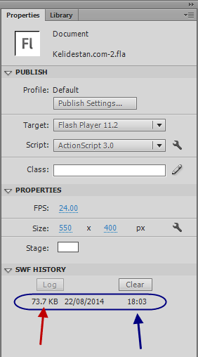 متوجه شدن اندازه فایل swf حاصل از پروژه flash ، در بخش Properties و ذکر نکاتی در مورد بهینه کردن اندازه عکس های به کار رفته در پروژه flash ، در نرم افزار Adobe Flash Professional