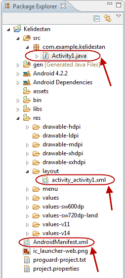 آشنایی با کدهای مربوط به فایل java برای یک activity ، فایل xml متناظر با آن activity و همچنین فایل AndroidManifest.xml