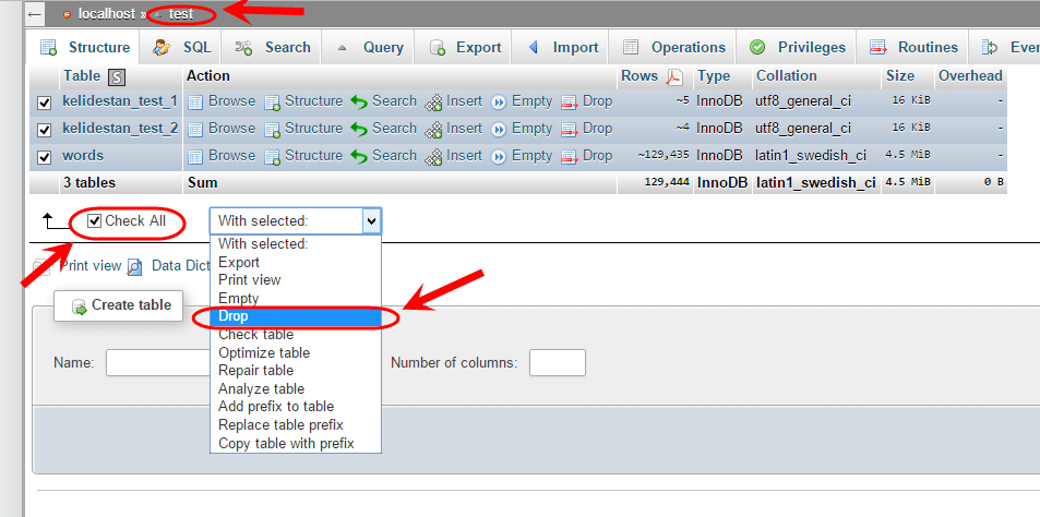 حذف تمامی جدول های (tables) یک پایگاه داده (Database)، در phpMyAdmin