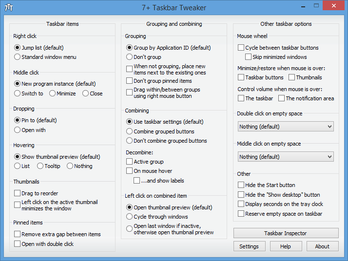 نرم افزار 7+ Taskbar Tweaker برای دسترسی به ویژگی های بیشتر برای مدیریت تب های (tabs) موجود در Taskbar ویندوز و همچنین تغییر ویژگی های خود Taskbar (تست شده در ویندوز 8)
