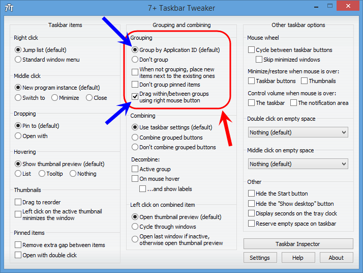 نرم افزار 7+ Taskbar Tweaker برای دسترسی به ویژگی های بیشتر برای مدیریت تب های (tabs) موجود در Taskbar ویندوز و همچنین تغییر ویژگی های خود Taskbar (تست شده در ویندوز 8)