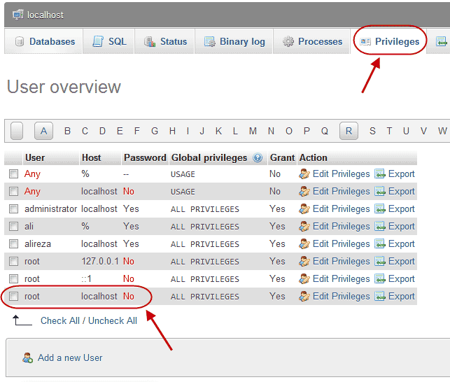تعیین رمز عبور root ، در MySQL