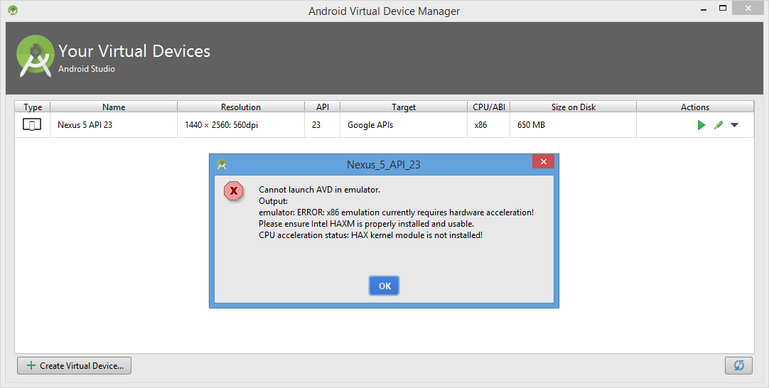 برطرف کردن خطای emulator: ERROR: x86 emulation currently requires hardware acceleration! ، هنگام اجرای یک Virtual Device ، در Android Studio ، در برنامه نویسی اندروید