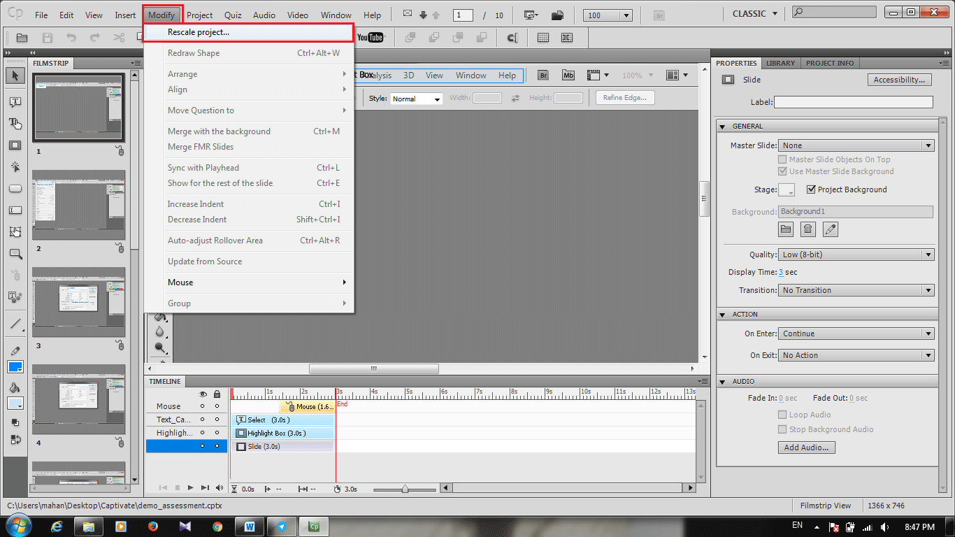 تنظیمات پروژه و خروجی آن، در Adobe Captivate
