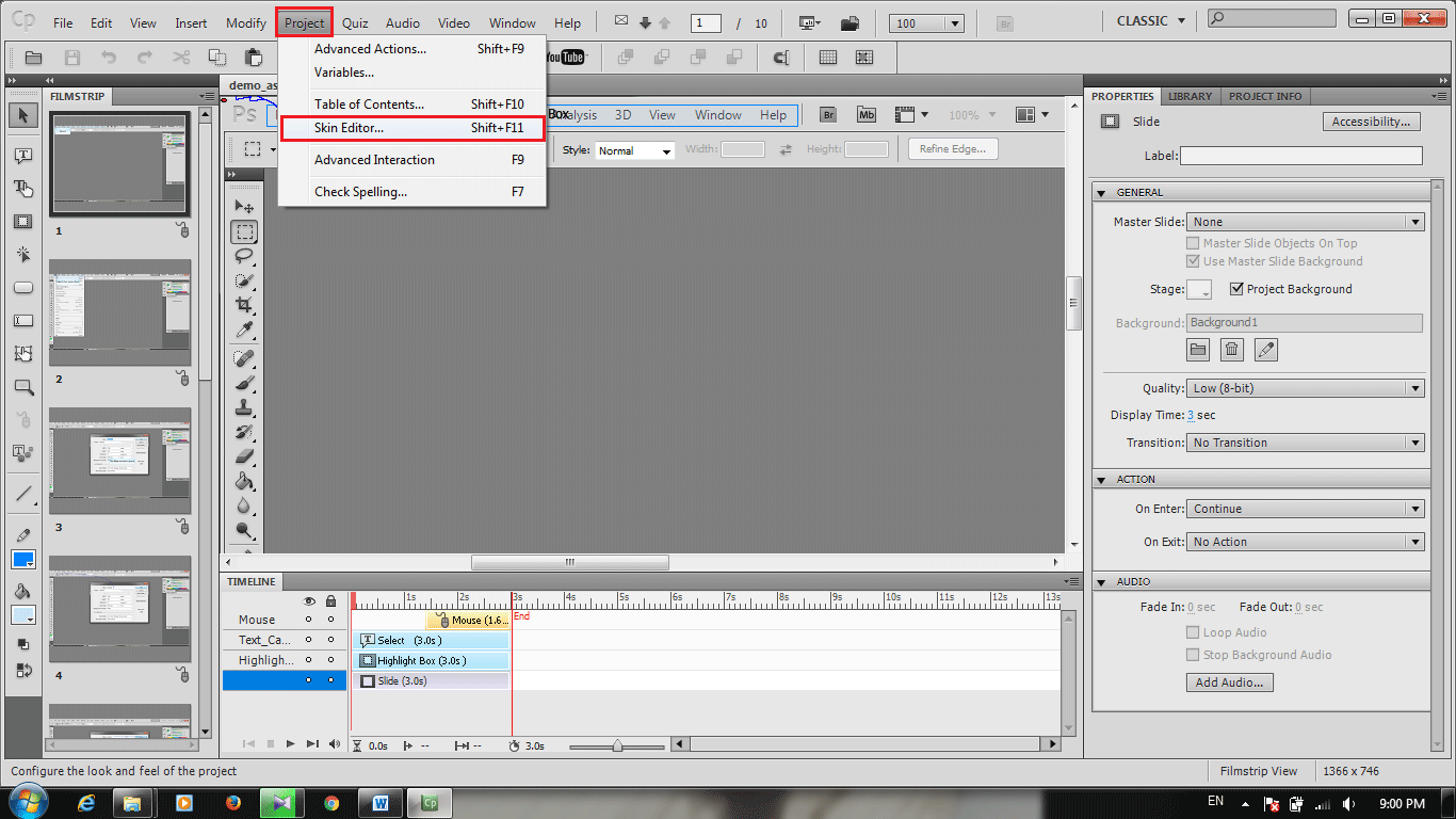 تنظیمات پروژه و خروجی آن، در Adobe Captivate