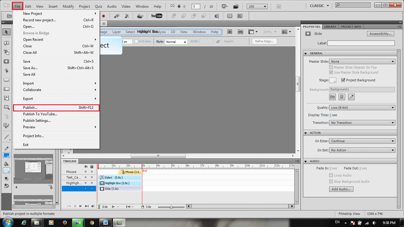 تنظیمات پروژه و خروجی آن، در Adobe Captivate