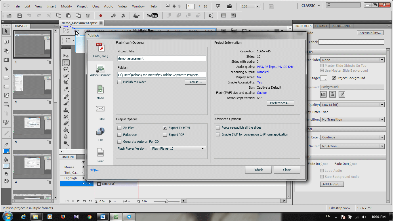 تنظیمات پروژه و خروجی آن، در Adobe Captivate