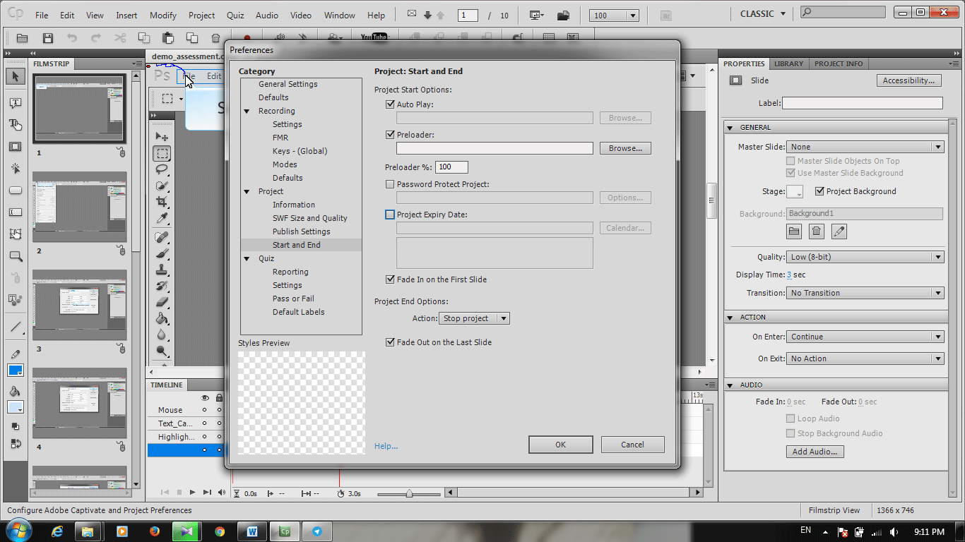 تنظیمات پروژه و خروجی آن، در Adobe Captivate