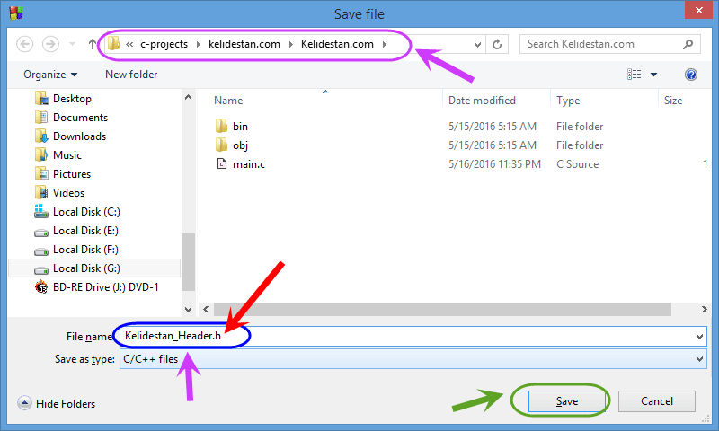 ساخت یک فایل Header (با پسوند h) برای اجرای کدهای موجود در فایل Header ، در فایل فعلی (با include کردن آن)، در زبان برنامه نویسی C (در نرم افزار Code::Blocks)