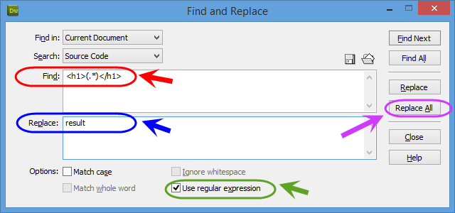 جستجو (find) و یا جستجو و جایگزینی (find and replace)، با استفاده از عبارات قاعده مند (Regular Expressions)، در Adobe Dreamweaver