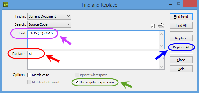 جستجو (find) و یا جستجو و جایگزینی (find and replace)، با استفاده از عبارات قاعده مند (Regular Expressions)، در Adobe Dreamweaver