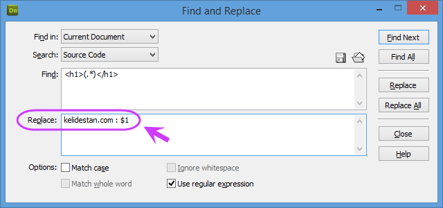 جستجو (find) و یا جستجو و جایگزینی (find and replace)، با استفاده از عبارات قاعده مند (Regular Expressions)، در Adobe Dreamweaver