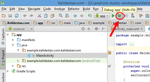 اجرا (run) و یا خطایابی (debug) یک پروژه اندروید موجود در برنامه Android Studio ، بر روی یک گوشی اندروید واقعی (از طریق اتصال گوشی به کامپیوتر، با کابل USB)
