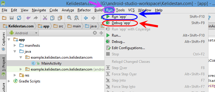 اجرا (run) و یا خطایابی (debug) یک پروژه اندروید موجود در برنامه Android Studio ، بر روی یک گوشی اندروید واقعی (از طریق اتصال گوشی به کامپیوتر، با کابل USB)