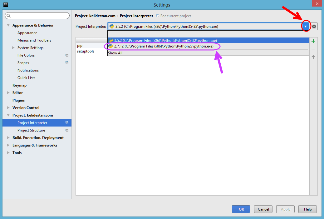 تغییر نسخه پایتون (python) به کار رفته به عنوان مفسر (Interpreter) در یک پروژه پایتون، در نرم افزار PyCharm ، بعد از ساخت پروژه پایتون