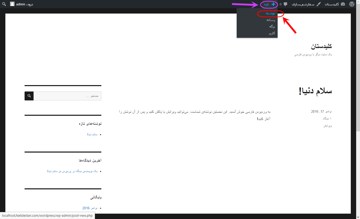 افزودن یک ((نوشته)) جدید (شامل متن، عکس، ویدئو و فایل zip)، در وردپرس (WordPress)