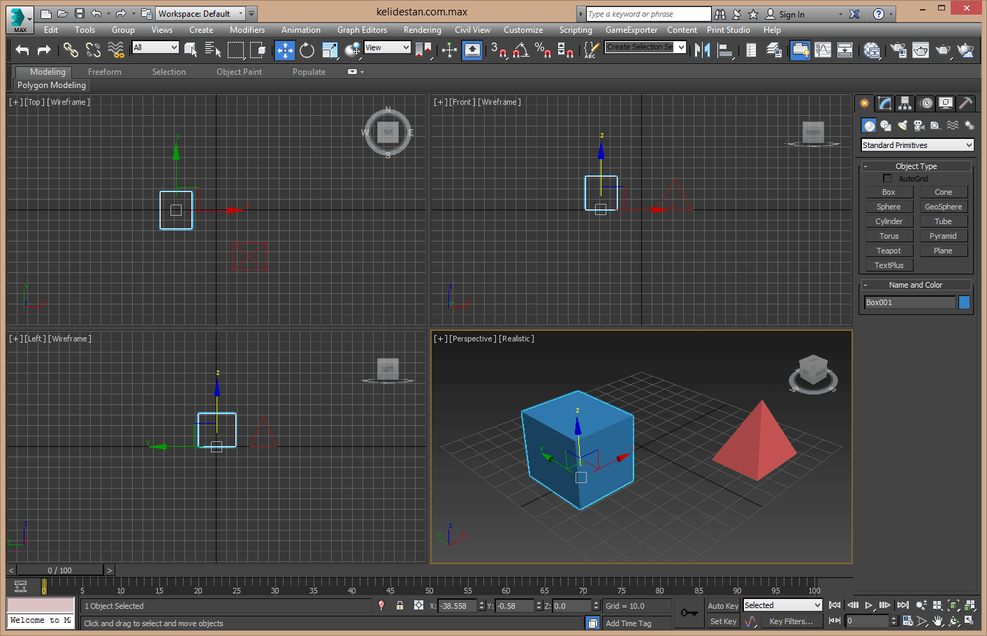 حرکت دادن (جابجا کردن - Move) یک جسم در منظره، با گزینه Select and Move ، در 3D Studio Max