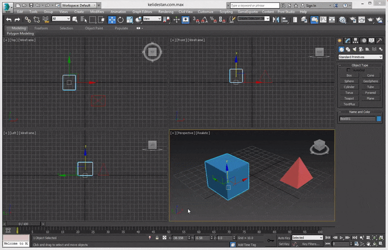 حرکت دادن (جابجا کردن - Move) یک جسم در منظره، با گزینه Select and Move ، در 3D Studio Max