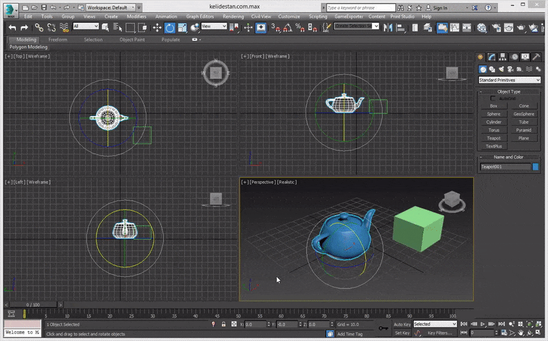 چرخاندن (Rotate) یک جسم در منظره، در جهت های مختلف، با گزینه Select and Rotate ، در 3D Studio Max