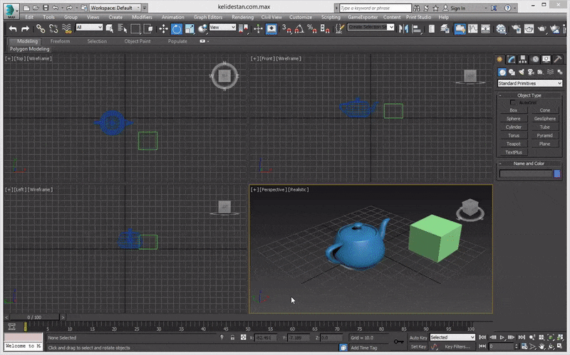 چرخاندن (Rotate) یک جسم در منظره، در جهت های مختلف، با گزینه Select and Rotate ، در 3D Studio Max