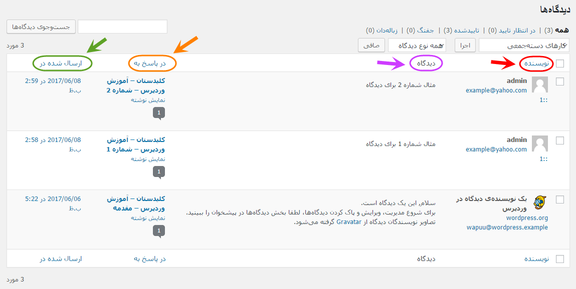 مشاهده فهرست همه دیدگاه ها (Comment) برای مدیریت آنها (ویرایش، حذف، پاسخ دادن، تایید یا عدم نمایش و ...)، در وردپرس (WordPress)