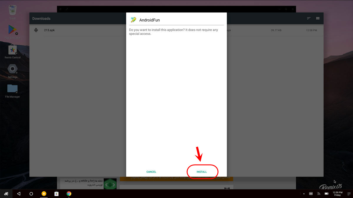 شبیه سازی فایل های apk (برنامه های اندروید)، با نصب سیستم عامل Remix OS (نسخه 3.0.207) و اجرای آن به صورت یک سیستم عامل مستقل از ویندوز (Windows)