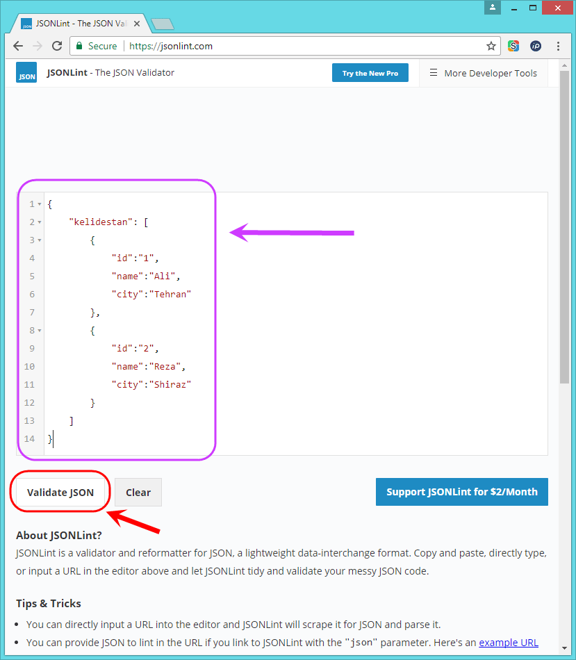 چک کردن صحیح بودن یک ساختار JSON ، با ابزارهای آنلاین (وب سایت ها)