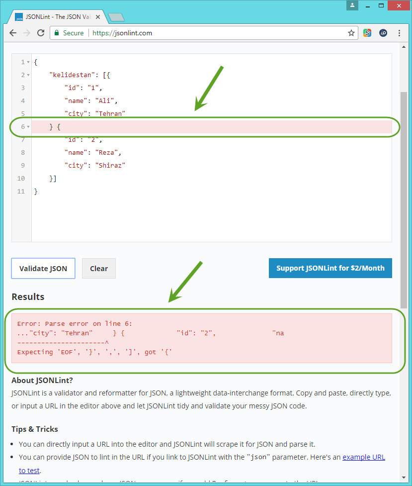 چک کردن صحیح بودن یک ساختار JSON ، با ابزارهای آنلاین (وب سایت ها)