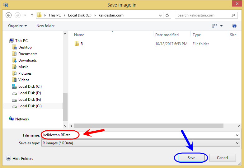 ذخیره نتایج کدهای اجرا شده در محیط R-GUI (ذخیره workspace)  به صورت یک فایل با پسوند RData ، در زبان برنامه نویسی R