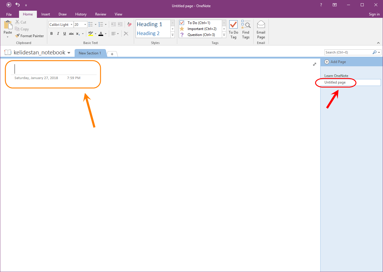 ساخت یک دفترچه یادداشت (Notebook) جدید و ایجاد تعدادی بخش (Section) و صفحه (Page) برای آن، در Microsoft OneNote (نسخه 2016)