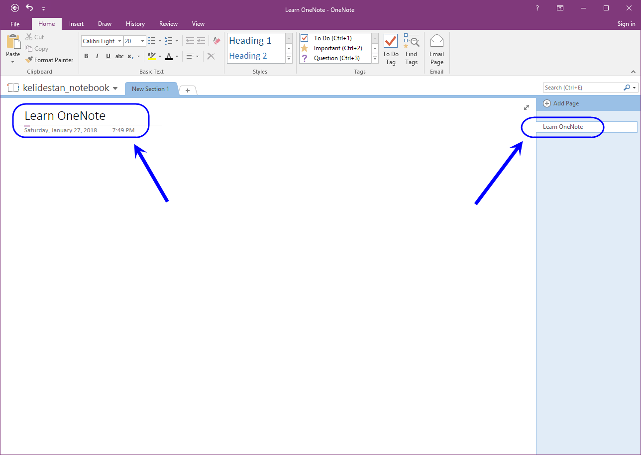 ساخت یک دفترچه یادداشت (Notebook) جدید و ایجاد تعدادی بخش (Section) و صفحه (Page) برای آن، در Microsoft OneNote (نسخه 2016)