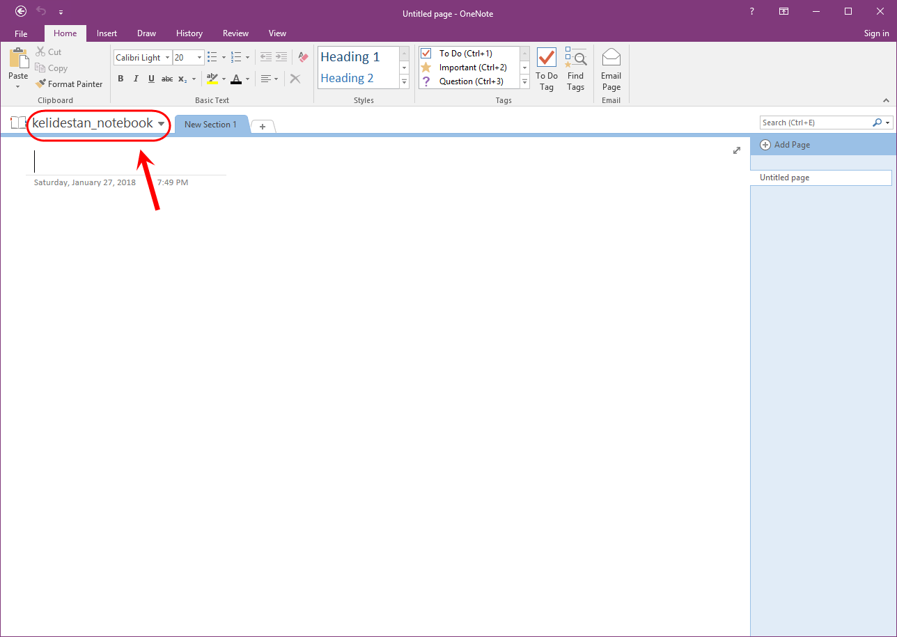 ساخت یک دفترچه یادداشت (Notebook) جدید و ایجاد تعدادی بخش (Section) و صفحه (Page) برای آن، در Microsoft OneNote (نسخه 2016)