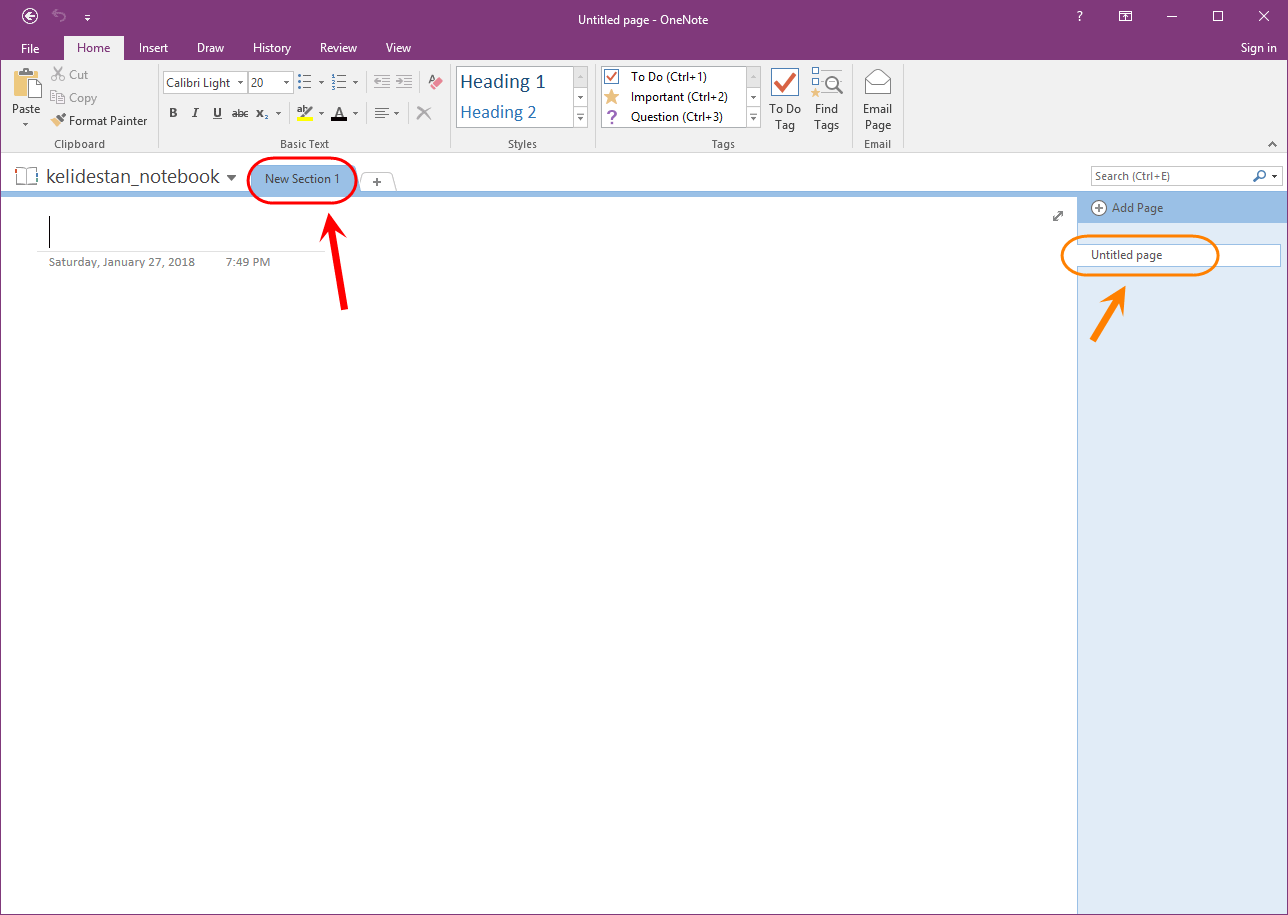 ساخت یک دفترچه یادداشت (Notebook) جدید و ایجاد تعدادی بخش (Section) و صفحه (Page) برای آن، در Microsoft OneNote (نسخه 2016)