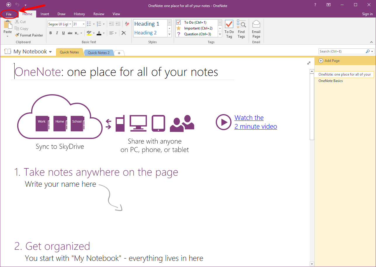 ساخت یک دفترچه یادداشت (Notebook) جدید و ایجاد تعدادی بخش (Section) و صفحه (Page) برای آن، در Microsoft OneNote (نسخه 2016)