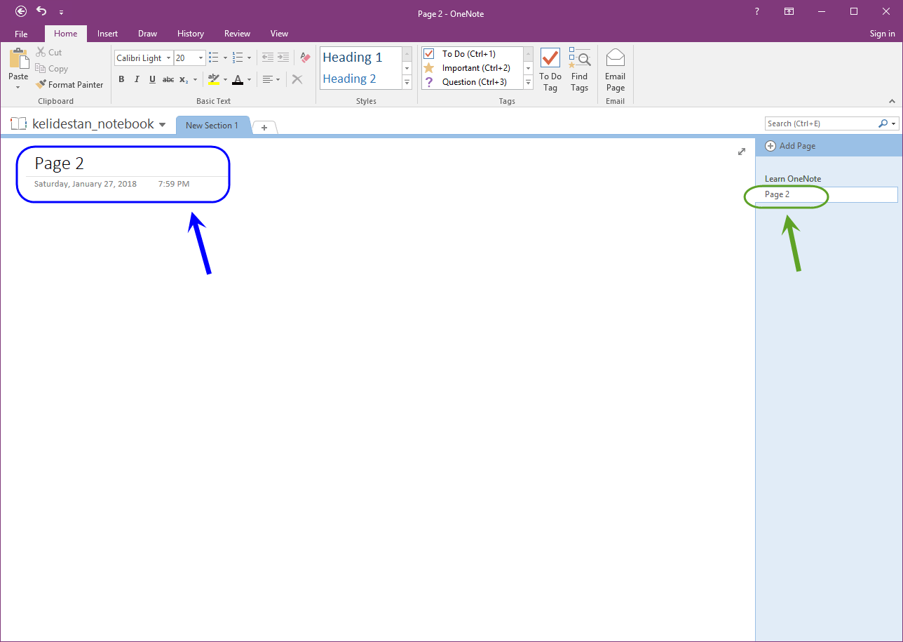 ساخت یک دفترچه یادداشت (Notebook) جدید و ایجاد تعدادی بخش (Section) و صفحه (Page) برای آن، در Microsoft OneNote (نسخه 2016)