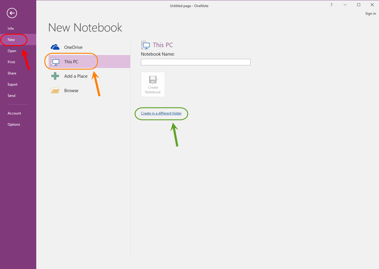 ساخت یک دفترچه یادداشت (Notebook) جدید و ایجاد تعدادی بخش (Section) و صفحه (Page) برای آن، در Microsoft OneNote (نسخه 2016)