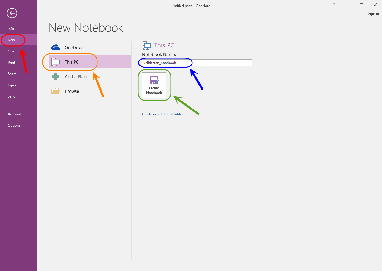 ساخت یک دفترچه یادداشت (Notebook) جدید و ایجاد تعدادی بخش (Section) و صفحه (Page) برای آن، در Microsoft OneNote (نسخه 2016)