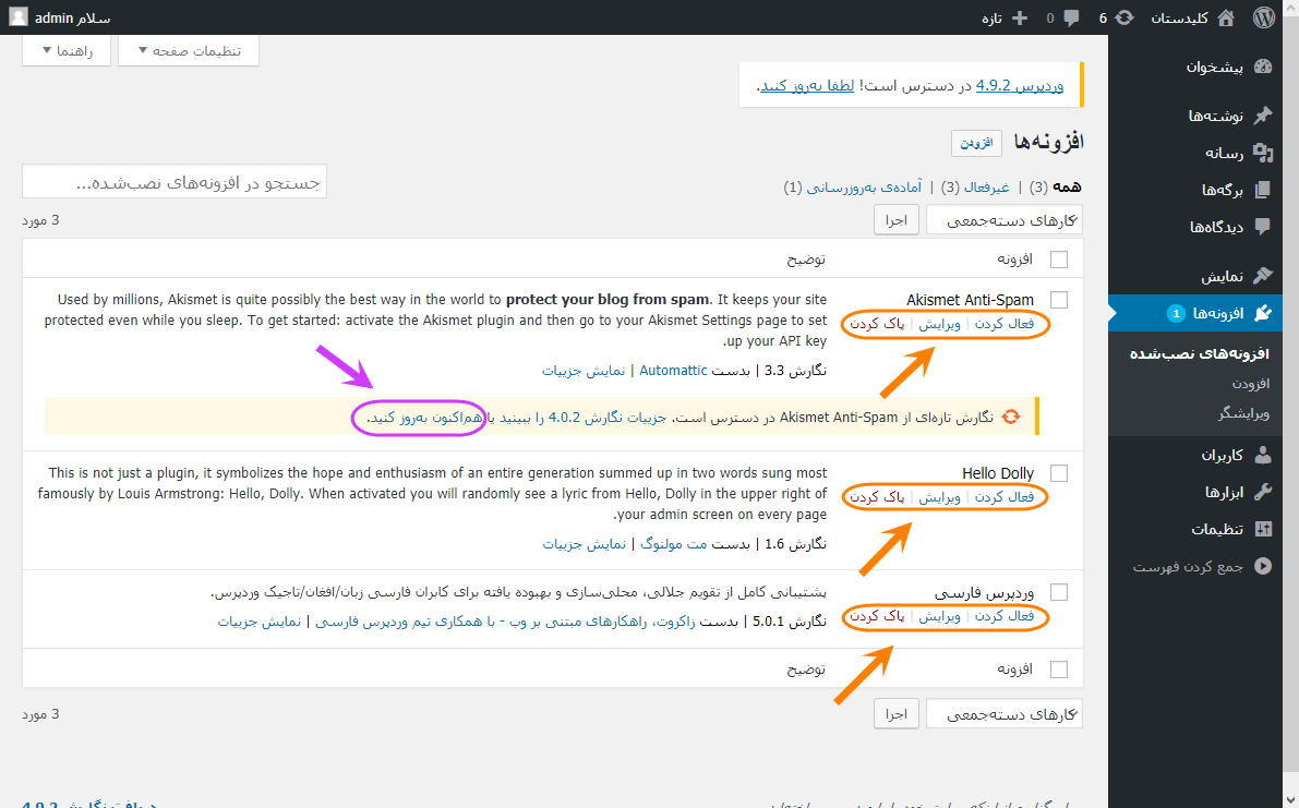 مشاهده فهرست افزونه ها (Plugin) و امکان فعال، غیرفعال و به روزرسانی (Update) کردن آنها، در وردپرس (WordPress)