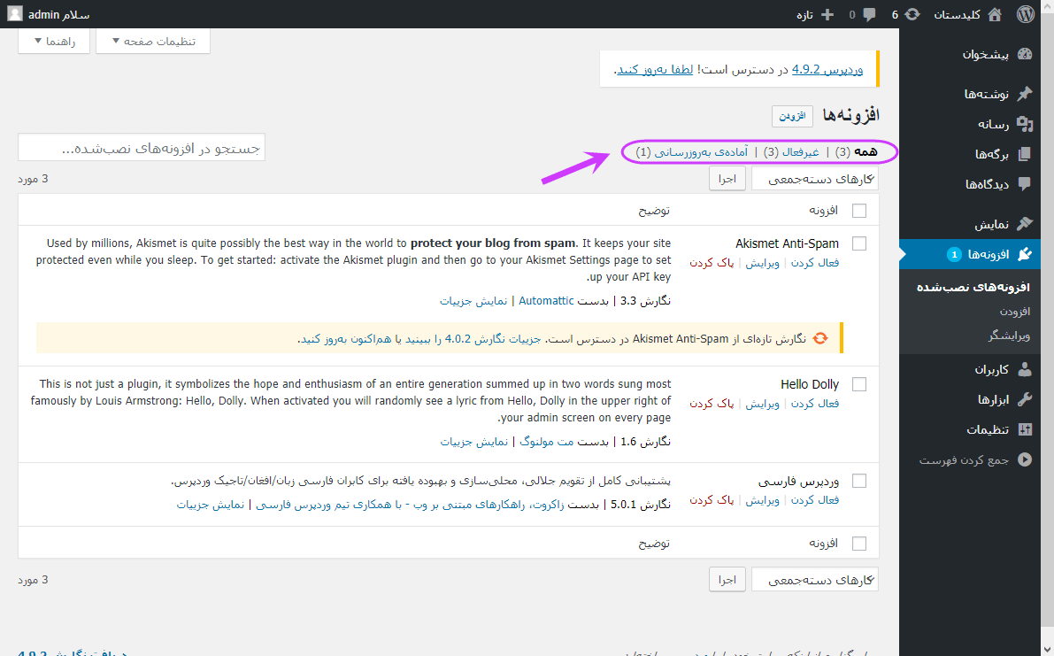 مشاهده فهرست افزونه ها (Plugin) و امکان فعال، غیرفعال و به روزرسانی (Update) کردن آنها، در وردپرس (WordPress)