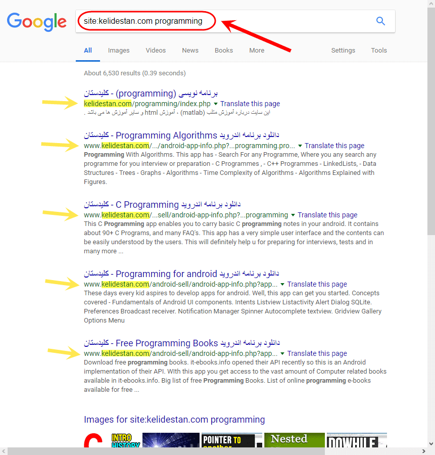 جستجو به صورت تنها نمایش نتایج مربوط به یک وب سایت (دامنه) خاص، با عبارت :site ، در موتور جستجوی گوگل (google.com)