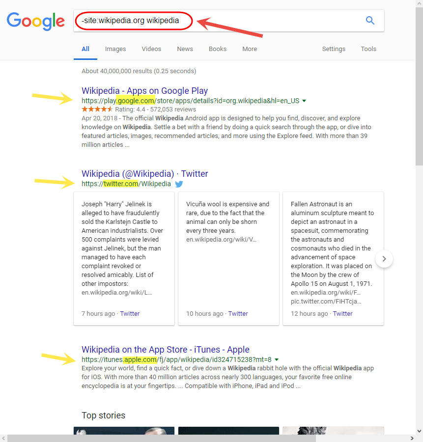 جستجو به صورت عدم نمایش نتایج مربوط به یک وب سایت (دامنه) خاص، با عبارت :site- ، در موتور جستجوی گوگل (google.com)