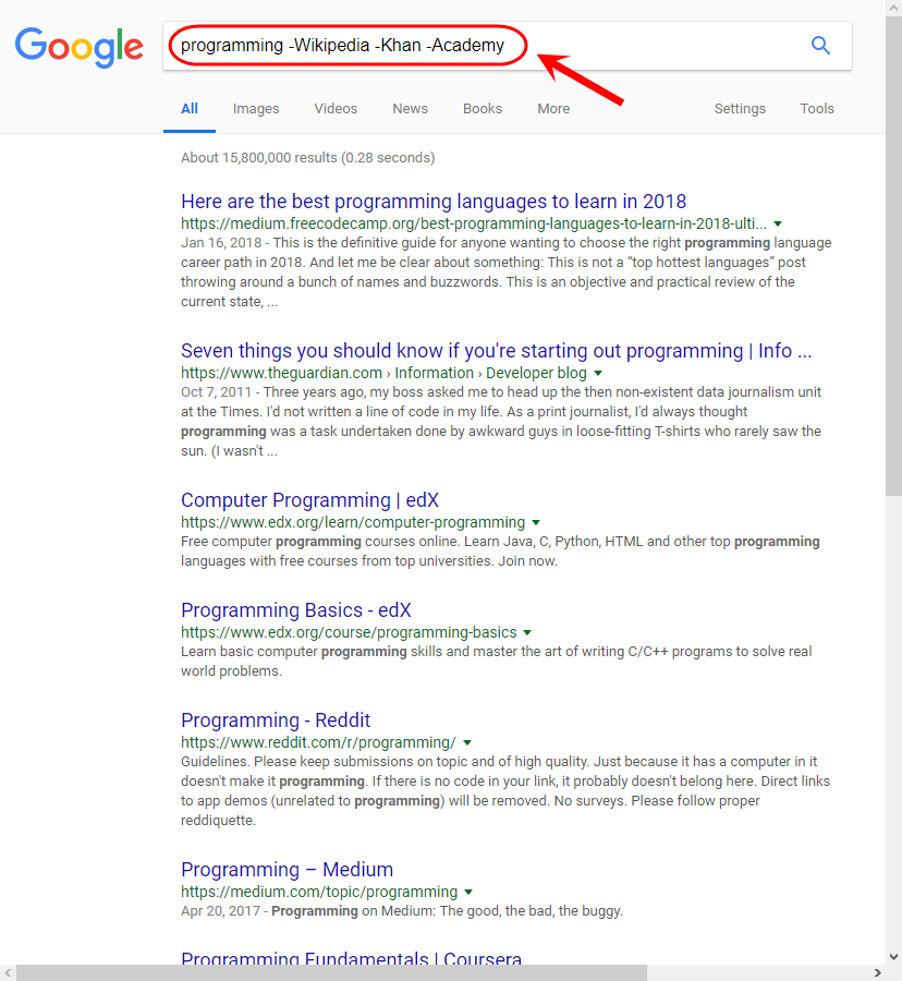 جستجو به صورت تعیین عدم وجود یک عبارت در نتایج، با علامت - ، در موتور جستجوی گوگل (google.com)