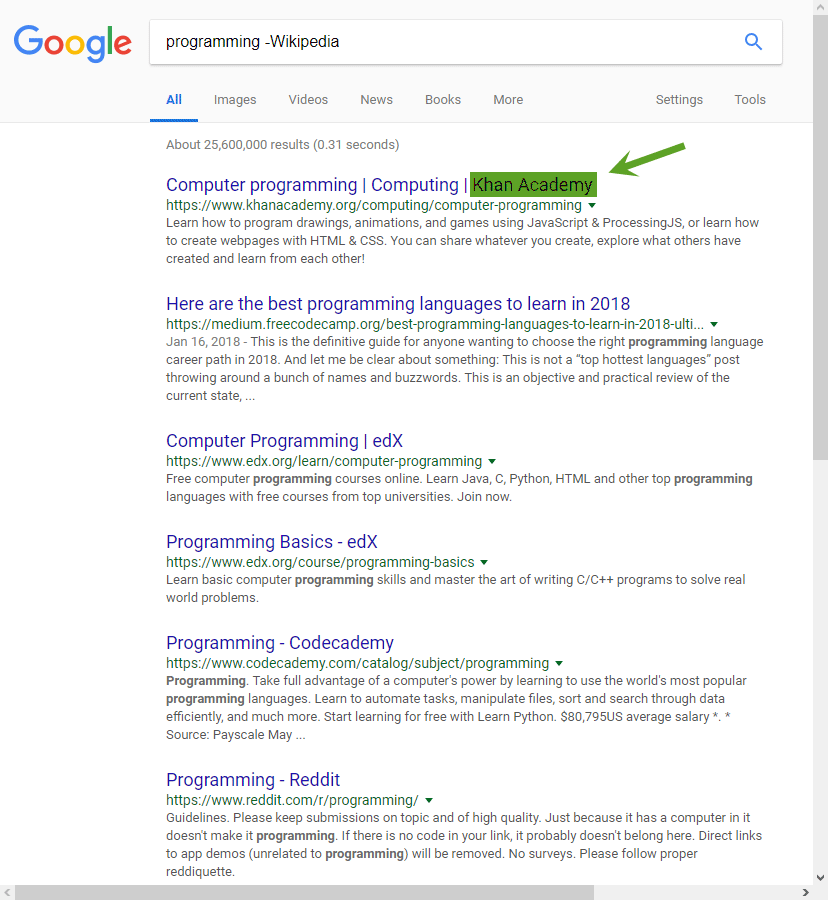 جستجو به صورت تعیین عدم وجود یک عبارت در نتایج، با علامت - ، در موتور جستجوی گوگل (google.com)