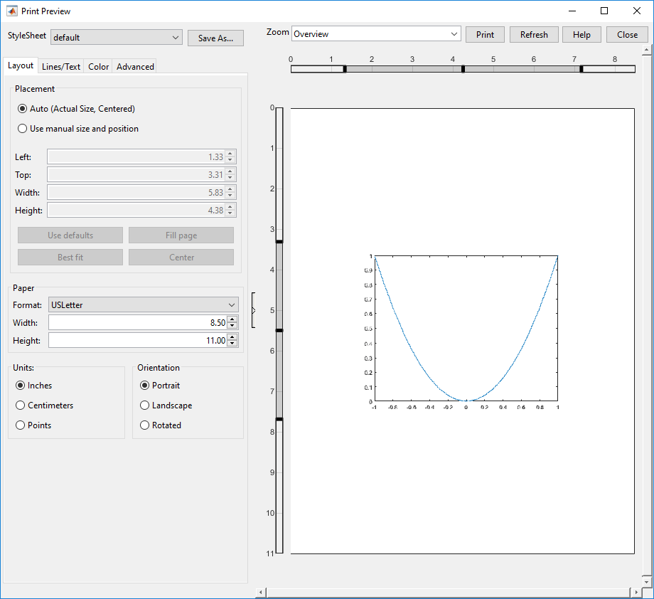 مشاهده پیش نمایش (Preview) شکل (Figure)، برای پرینت (Print) گرفتن از شکل، با دستور printpreview ، در متلب (MATLAB)