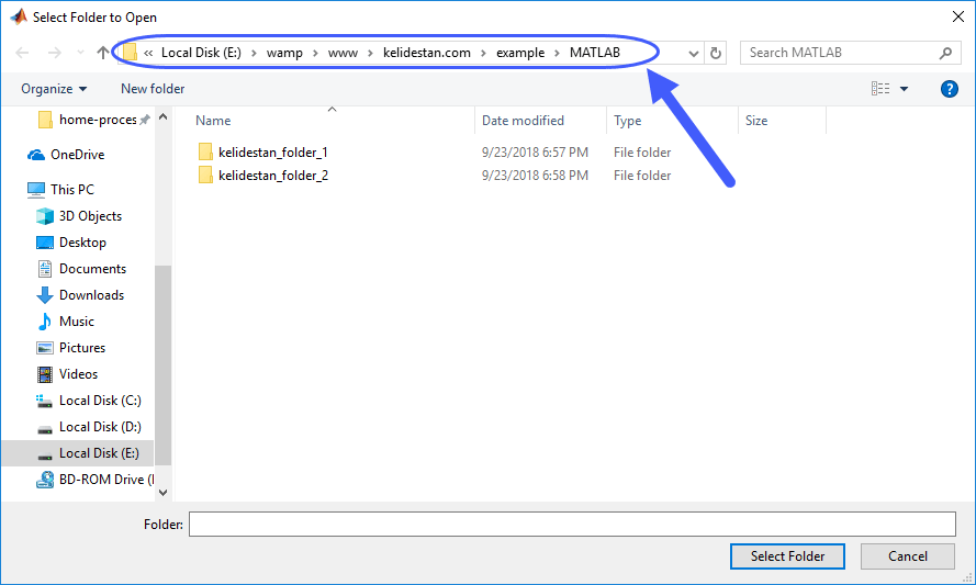باز کردن یک پنجره (Dialog Box) جدید برای انتخاب کردن یک پوشه (Directory) توسط کاربر و ذخیره شدن مسیر (Path) آن پوشه (Directory) در یک متغیر (Variable)، با دستور uigetdir ، در متلب (MATLAB)